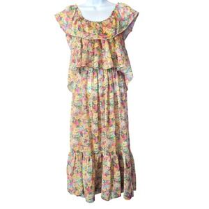 Vintage Sears JR Bazaar Floral Midi Dress Multicolor Ruffle Overlay Womens XS/S